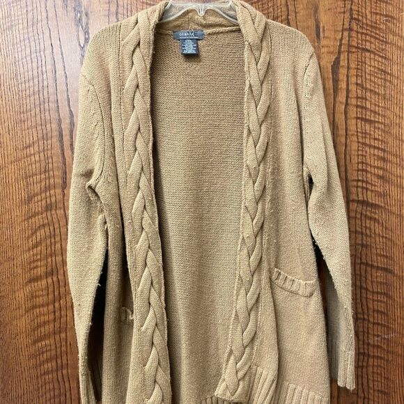 George Designs Mark Eisen academia cashmere open front black and camel cardigan - Picture 2 of 10